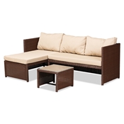 Baxton Studio Carlton Modern and Contemporary Sand Fabric Upholstered and Brown Finished Woven PE Rattan 3-Piece Outdoor Patio Lounge Set Baxton Studio restaurant furniture, hotel furniture, commercial furniture, wholesale outdoor furniture, wholesale patio furniture